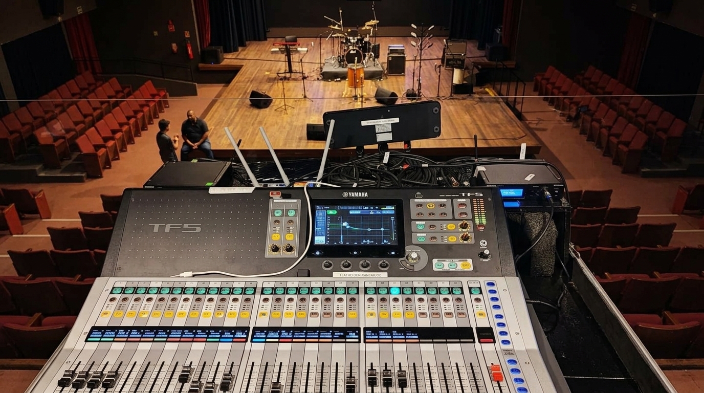 Mesa Yamaha TF5 vista da posição de operação no Teatro dos Bancários com o palco ao fundo