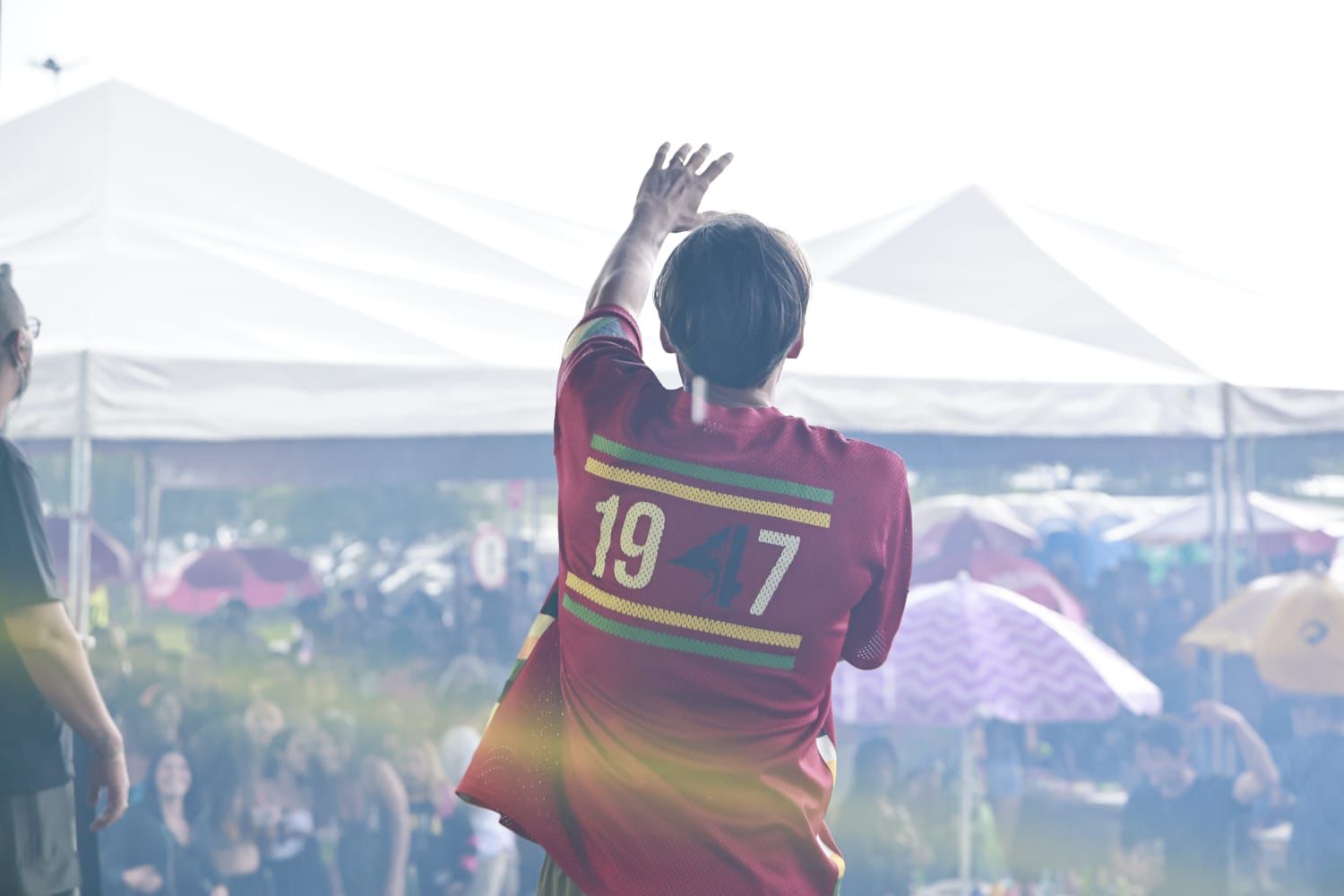 Artista visto de costas com o braço erguido diante de uma plateia em festival ao ar livre